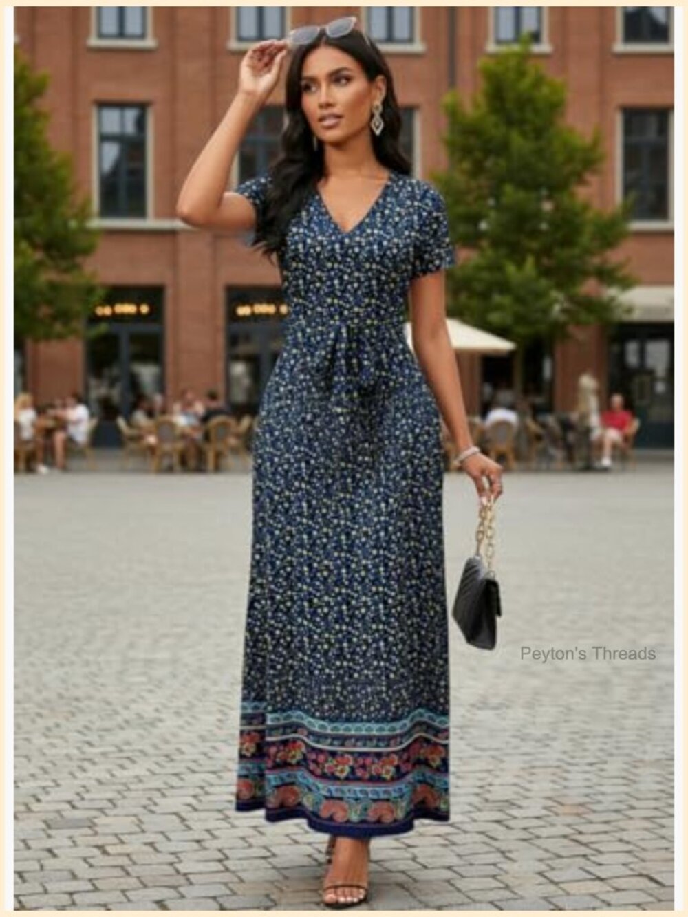 V-Neck Short Sleeve Maxi Dress with Self-Tie Belt and Pockets - Picture 6 of 6
